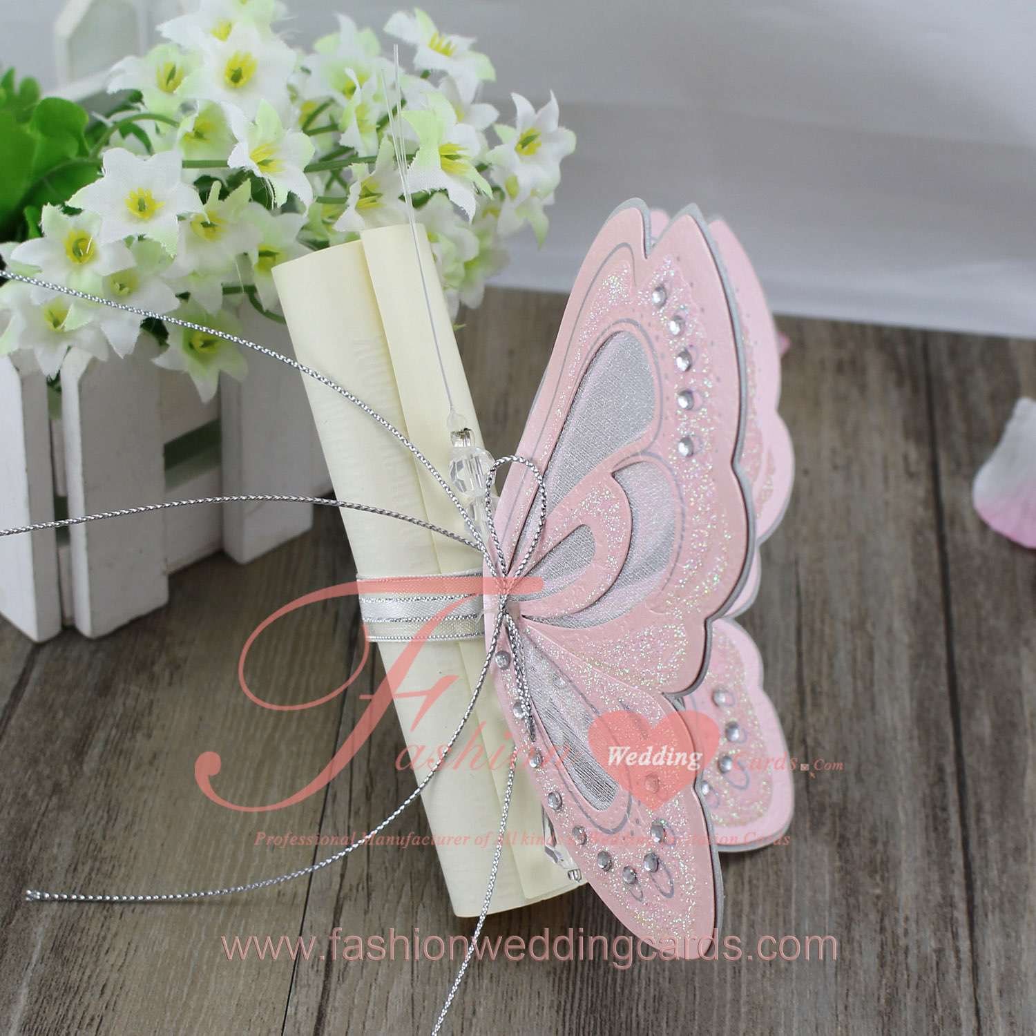 T192s Pink Butterfly Scroll Wedding Invitations